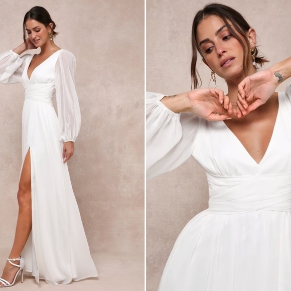 LULU's Bridal Wedding Romantic Flowy Boho Chiffon Long Sleeve Dress NWOT - Picture 3 of 4